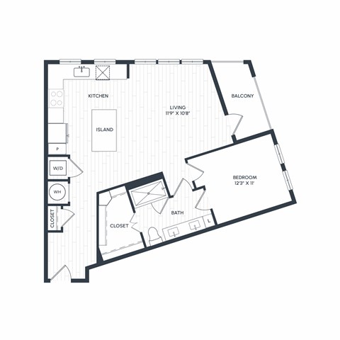Floor plan for 1 bed, 1 bath, 861 sqft